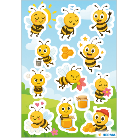 Bunte Aufkleber von cartoonhaften Bienen in verschiedenen Posen, einige mit Blumen, Honig und anderen Elementen, vor einem hellen Hintergrund." 

(Note: The original text is already in German and does not require any changes for clarity or fluency.)