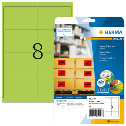 Neon-Etiketten auf einer Verpackung, die 160 Etiketten in verschiedenen Farben und Größen zeigt, geeignet für Beschriftungen und Organisation.