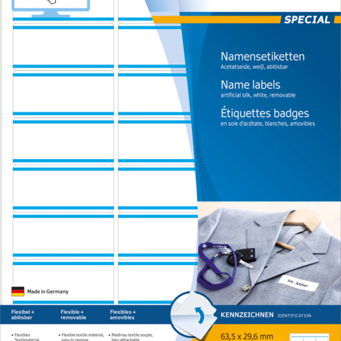 Namensetiketten auf einem Bogen, weiß und ablösbar, mit blauen Linien. Enthält Informationen zu Größe und Verwendung.