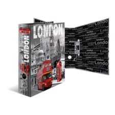 Eine Box mit London-Motiven, darunter ein roter Doppeldeckerbus und eine Telefonzelle, umgeben von ikonischen Sehenswürdigkeiten und dem Schriftzug "London".