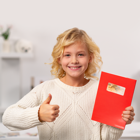 Ein Mädchen mit lockigem, blondem Haar gibt ein Daumen hoch und hält einen roten Umschlag mit einem Aufkleber in der Hand.