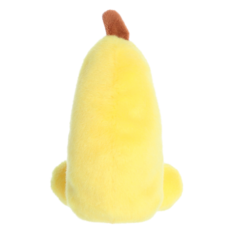 Gelbes, weiches Spielzeug in Form einer Banane mit einem braunen Stiel oben. Die Rückseite ist sichtbar, ohne weitere Details.