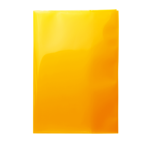 Ein leuchtend gelber, transparenter Ordner, der aufrecht steht und eine glatte Oberfläche aufweist.