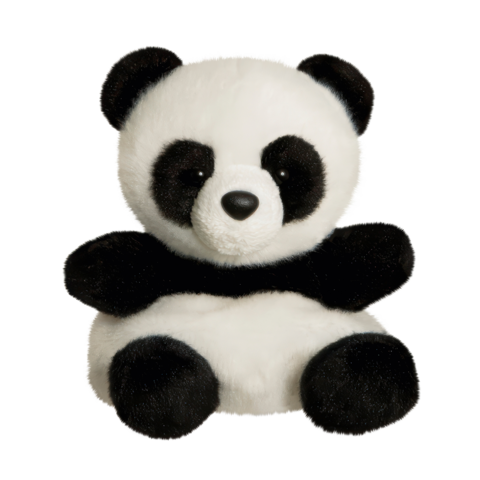 Kuschelpanda mit schwarz-weißer Fellzeichnung, sitzt mit offenen Armen und runden Ohren.