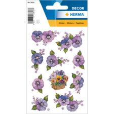 Bunte Aufkleber mit verschiedenen Veilchenmotiven und einem Korb voller Blumen. Ideal für Dekoration und Bastelprojekte.