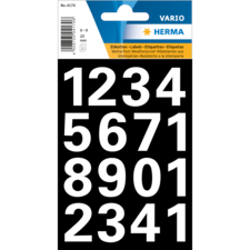 Schwarzer Hintergrund mit weißen Zahlenetiketten: 1234, 5671, 8901, 2341. Oben das Logo "VARIO" und die Marke "HERMA".