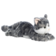 Plüschkatze in Grau mit weißen Akzenten, liegend und mit einem entspannten Ausdruck. Ideal für Kinder oder als Dekoration.