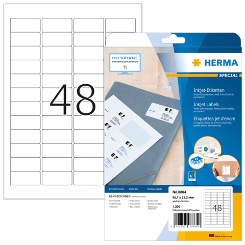 Etikettenbogen mit 48 Etiketten, verpackt von Herma. Enthält Informationen zur Verwendung mit Tintenstrahldruckern und Software.
