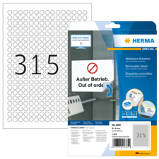 Aufkleberbogen mit der Nummer 315 und der Aufschrift "Außer Betrieb. Out of order." von Herma, verpackt für die Verwendung.