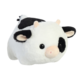 Kuscheltier in Form einer Kuh, weiß mit schwarzen Flecken, großen Augen und einer runden Form.