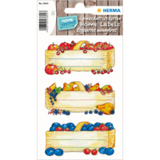 Bunte Etiketten für Lebensmittel mit Illustrationen von Obst und Gemüse, ideal zum Beschriften von Vorratsbehältern.
