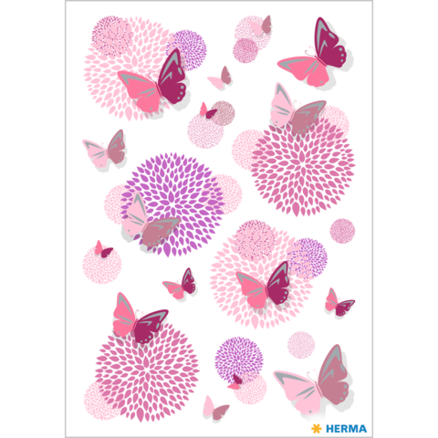 Bunte Schmetterlinge in verschiedenen Größen und Formen auf einem weißen Hintergrund, umgeben von lila und rosa Kreisen.