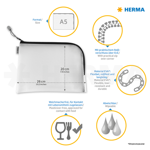 A5 Tasche von HERMA, 20 cm hoch und 26 cm breit, aus flexiblem, wasserfestem EVA-Material, mit Reißverschluss und lebensmittelechter Beschaffenheit.