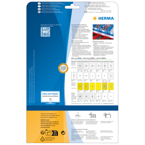 Rückseite einer Verpackung mit Informationen zu HERMA Produkten, QR-Code und Hinweisen zur kostenlosen Software.