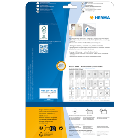 Rückseite einer Verpackung von HERMA mit Informationen zu Etiketten, Software und Anwendungsbeispielen. Enthält QR-Code und technische Details.