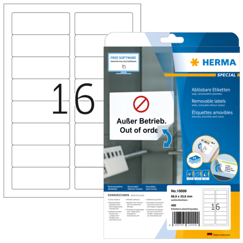 Packung mit ablösbaren Etiketten, Größe 89 x 38,2 mm, enthält 16 Etiketten, Hinweis "Außer Betrieb. Out of order."
