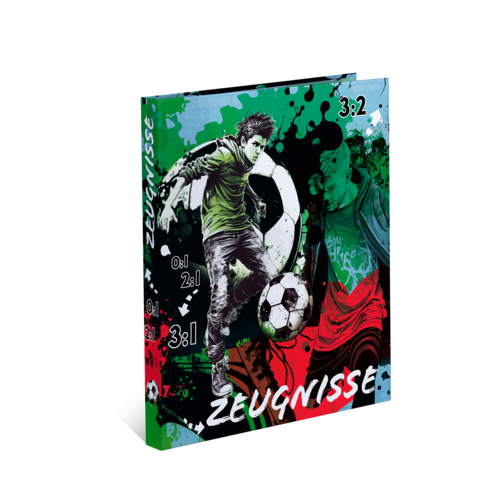 Ein buntes Cover eines Fußballmagazins mit dem Titel "Zeugnisse", das einen Spieler mit einem Ball und verschiedene Spielstände abbildet.
