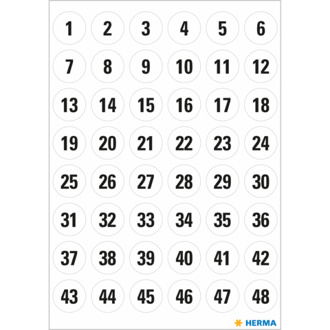 Eine Anordnung von nummerierten runden Aufklebern von 1 bis 48 auf einem weißen Hintergrund.
