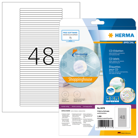 CD-Etiketten von HERMA, Packung mit 48 Etiketten, inklusive Software-Hinweis und Produktdetails auf der Verpackung.