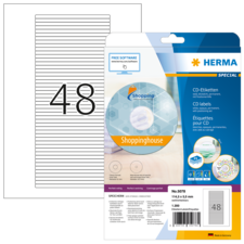 CD-Etiketten von HERMA, Packung mit 48 Etiketten, inklusive Software-Hinweis und Produktdetails auf der Verpackung.