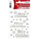 Glitzernde Aufkleber mit dem Text "Merry Christmas" und kleinen Sternen in Silber auf einem bunten Hintergrund.