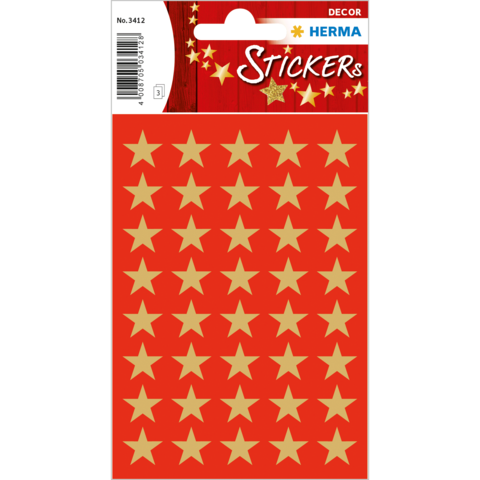 Rote Sticker mit goldenen Sternen auf einem Bogen, ideal für Dekoration oder Bastelprojekte.