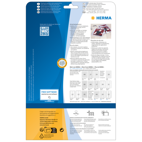 Rückseite einer Verpackung mit Informationen zu HERMA, Sicherheitsanweisungen und einem QR-Code. Enthält Hinweise zur kostenlosen Software.