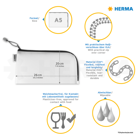 Transparente Tasche in A5-Größe, 20 cm hoch und 26 cm breit, mit Reißverschluss, aus flexiblem, lebensmittelechtem EVA-Material, abwaschbar.