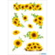 Bunte Aufkleber mit Sonnenblumen in verschiedenen Anordnungen und Größen, umgeben von grünen Blättern.