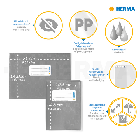 Transparente, abwaschbare Polypropylen-Hüllen mit stabilen Kanten, Größenangaben und einem Namensetikett. Perfekt für Dokumente.