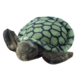 Eine grüne Schildkröte mit einem schuppigen Panzer und breiten Flossen, die auf einer weißen Fläche liegt.
