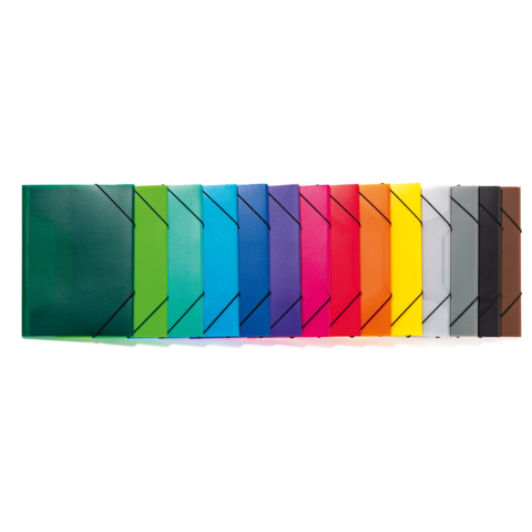 Bunte Ordner in verschiedenen Farben, angeordnet in einer Reihe, von grün über blau bis rot, gelb und braun.