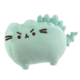 Kuscheltier in Form einer Katze mit Dinosauriermerkmalen, mintgrün, mit einem grimmigen Gesichtsausdruck und einem Schwanz.