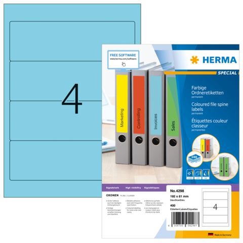 Bunte Ordneretiketten mit der Aufschrift "Marketing", "Controlling", "Rechnungen" und "Vertrieb". Enthält Software für Etikettenerstellung.