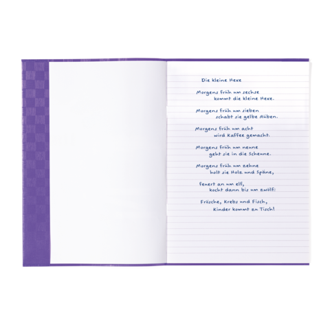 Ein offenes Notizbuch mit handschriftlichem Text über eine kleine Hexe und ihre Aktivitäten am Morgen. Die Seiten sind liniert und farblich gestaltet.