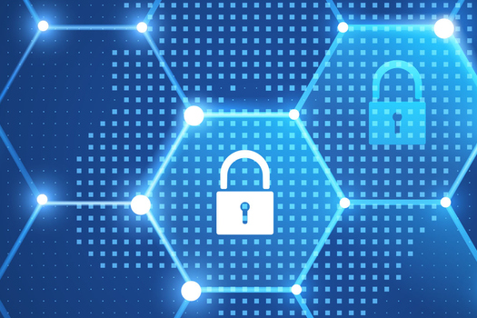 Ein digitales Netzwerk mit sechseckigen Mustern und Schlosssymbolen, das für Sicherheit und Datenschutz steht.