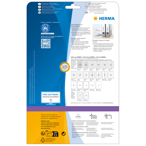 Rückseite einer Verpackung mit Informationen zu HERMA Produkten, einschließlich Anweisungen, QR-Code und Hinweisen zur kostenlosen Software.
