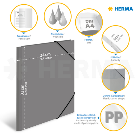 Graue, transparente A4-Mappe mit elastischen Ecken, abwischbar, aus Polypropylen, Maße 24 cm x 32 cm, ideal für Dokumente.