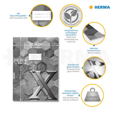 Hochwertige, graue Hexagon-Karten mit einem Beschriftungsfeld, stabiler Kante und glänzender Oberfläche, gefertigt aus nachhaltigen Materialien.