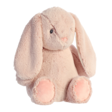 Kuschelhase mit langen Ohren und weichem, rosa Fell sitzt aufrecht und hat einen freundlichen Gesichtsausdruck.