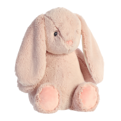 Kuschelhase mit langen Ohren und weichem, rosa Fell sitzt aufrecht und hat einen freundlichen Gesichtsausdruck.