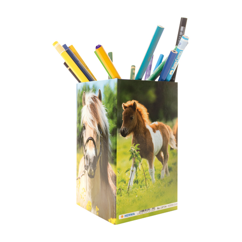 Ein Stiftehalter mit Bildern von Ponys, gefüllt mit bunten Stiften und Bleistiften.