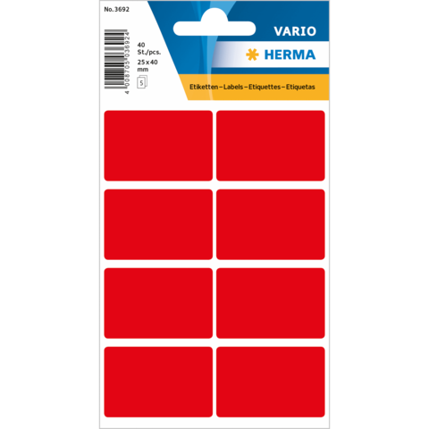 Rote Etiketten auf einem Bogen, 40 Stück, Größe 25 x 40 mm, verpackt in einer durchsichtigen Hülle.