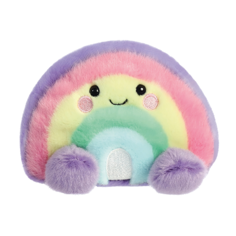 Kuscheliger Regenbogen mit einem lächelnden Gesicht, in sanften Farben wie Rosa, Gelb, Grün und Lila, mit runden, weichen Enden.