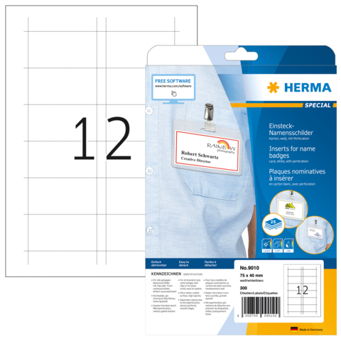 Namensschild-Einstecker von Herma, inklusive Vorlagen für 12 Namensschilder, geeignet für kreative Anwendungen und Veranstaltungen.