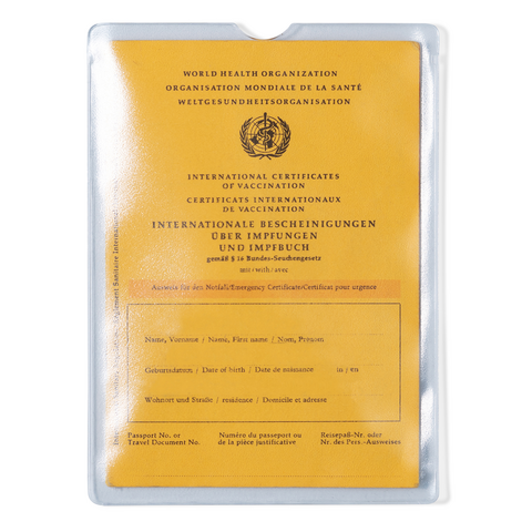 Internationales Impfzertifikat der Weltgesundheitsorganisation in gelber Farbe, mit Platz für persönliche Angaben und Impfdetails.