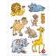 Bunte Tierillustrationen aus einem Zoo, darunter ein Löwe, Nilpferd, Kamel, Maus, Nashorn, Elefant und eine Giraffe.