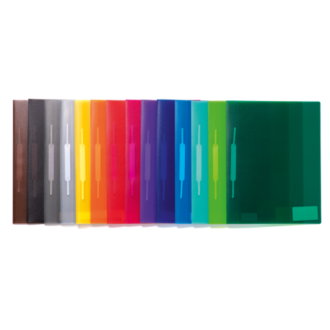 Bunte, transparente Ordner in einer Reihe, angeordnet von schwarz über verschiedene Farben bis grün.