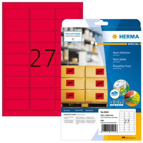 Neon-Etiketten auf einem Bogen, mit der Nummer 27, verpackt in einer transparenten Hülle von Herma.