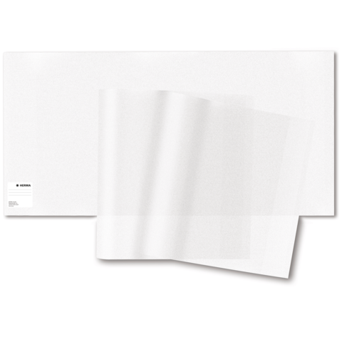 Transparente Folienblätter liegen auf einem weißen Hintergrund, mit einem Etikett in der unteren linken Ecke.